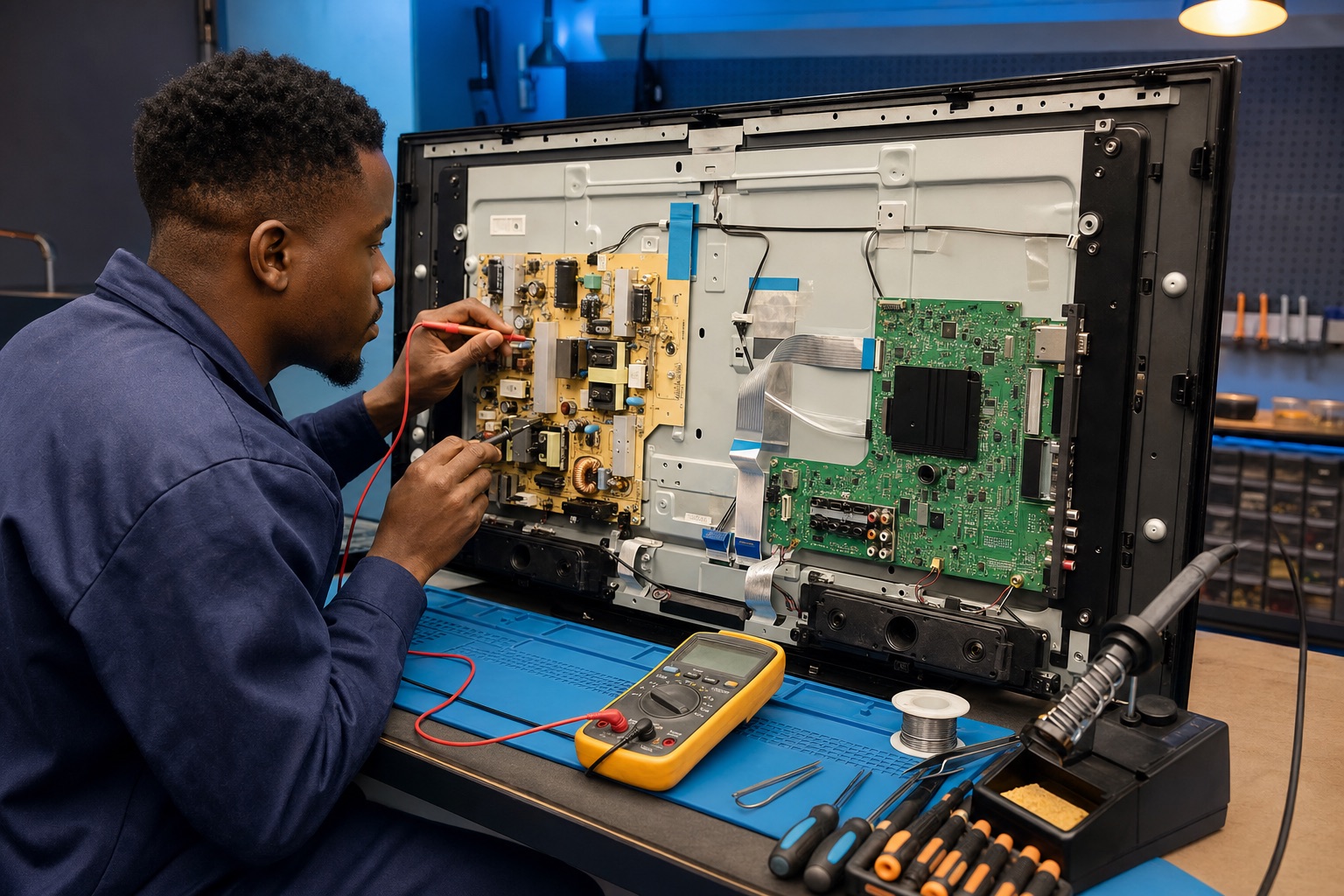 Hands-on flat-screen television repair training at the Splendid Venture Tech Repair Academy