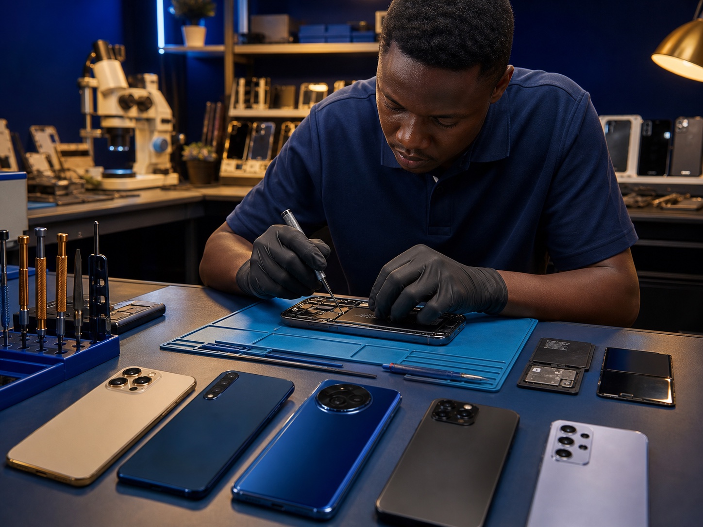 Technician repairing a smartphone with several modern phones on the workbench